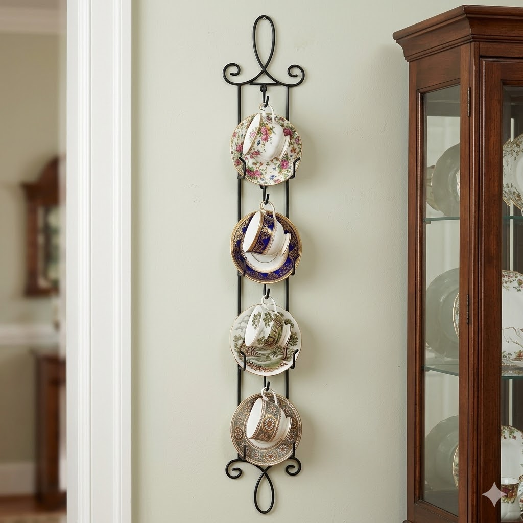 HOHIYA 2 Piece Wall-Mounted Tea Cup and Saucer Display Racks Vertical Metal Teacup Holder for Coffee Mugs and& China Plates Space-Saving Wall Decor Stand Black Finish